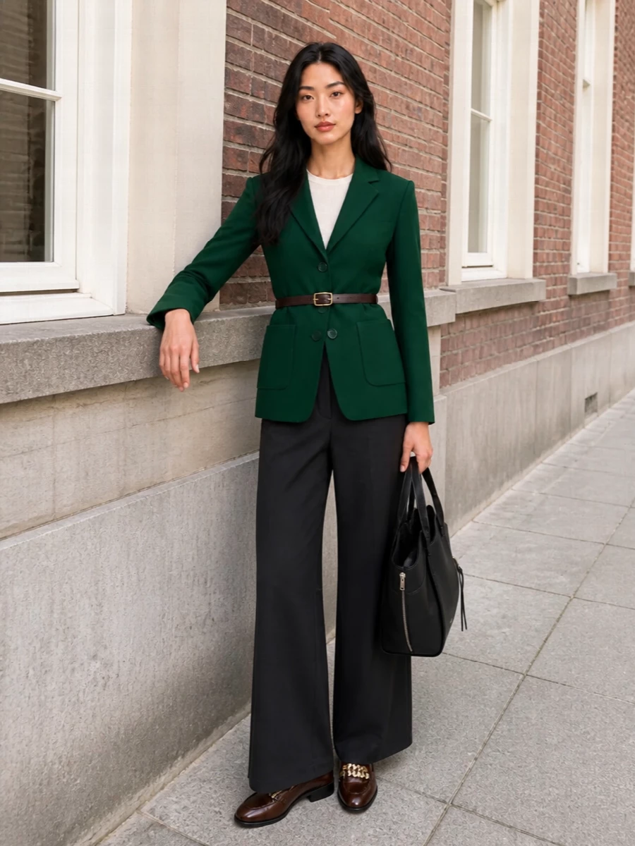 Green blazer with wide leg trousers and loafers