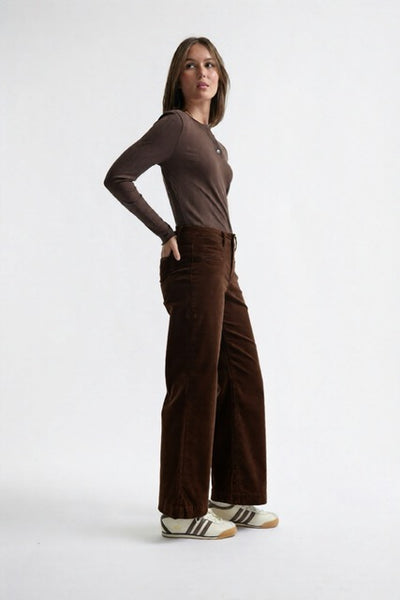 Chocolate brown corduroy pants paired with soft knitwear