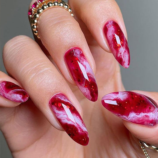 Red and white marble swirl press-on nails