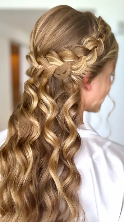 Honey blonde hair in loose waves with a braided crown across the back