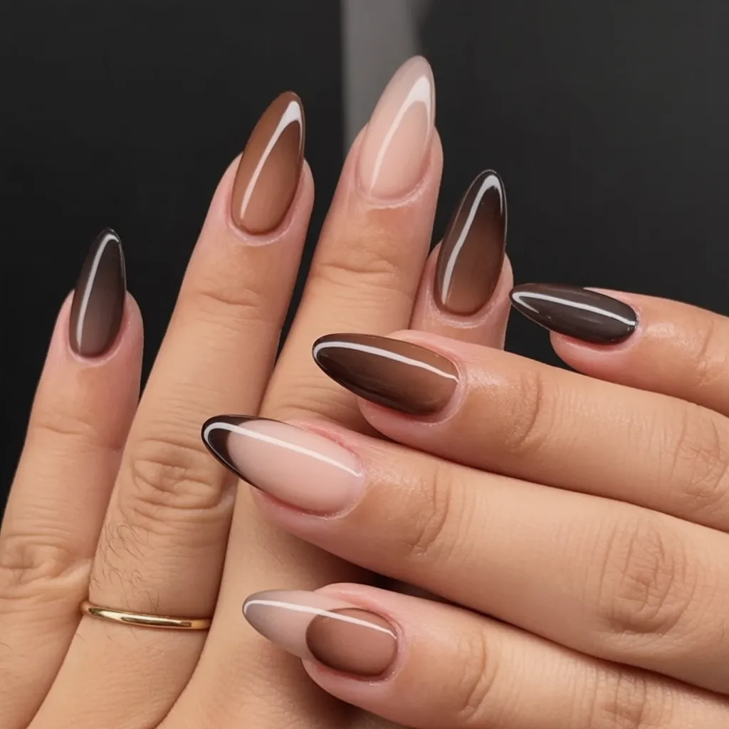 Short almond nails with an espresso and caramel ombré