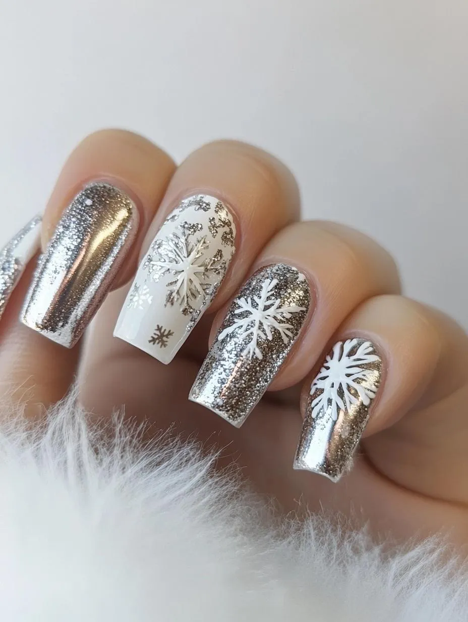 Long coffin nails in silver chrome with white and silver snowflake art