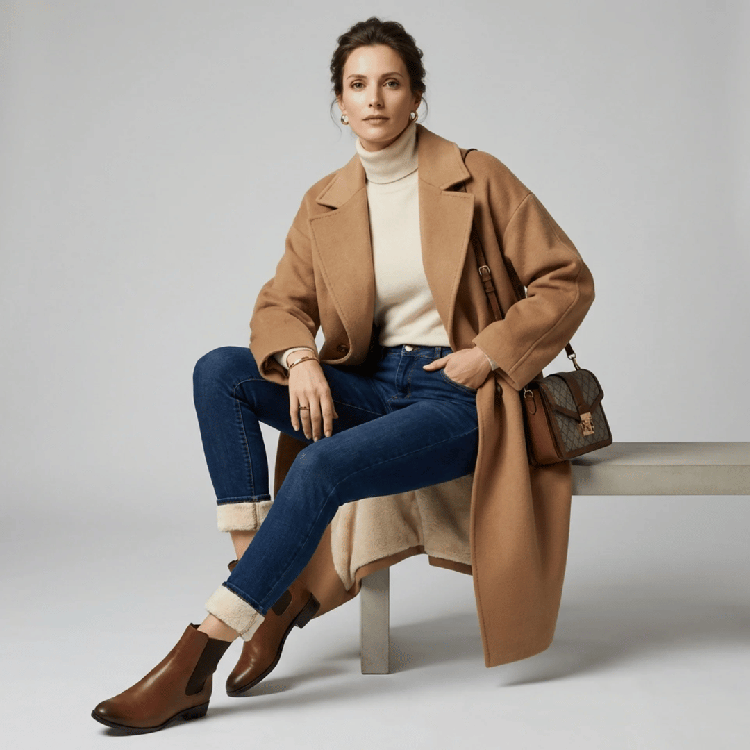 Woman seated wearing a camel coat, blue jeans and chestnut brown chelsea boots