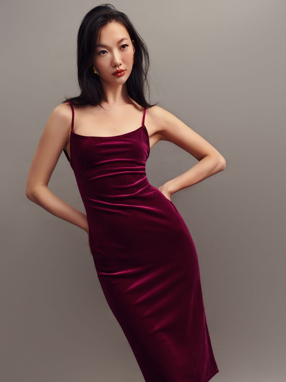 Burgundy velvet dress winter outfit