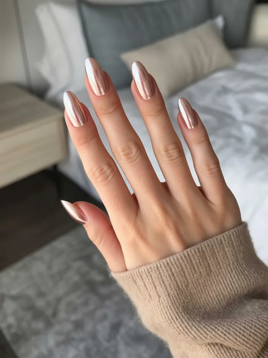 Rose gold chrome nails on long almond shape