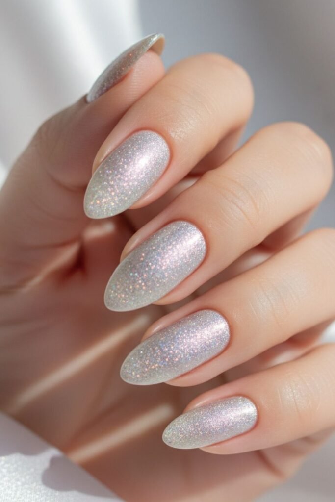 Frosted Silver: a silver shimmer polish on short almond nails