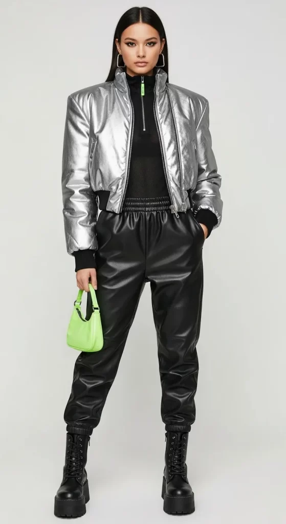 Woman wearing a silver metallic puffer bomber with black leather jogger pants and black combat boots