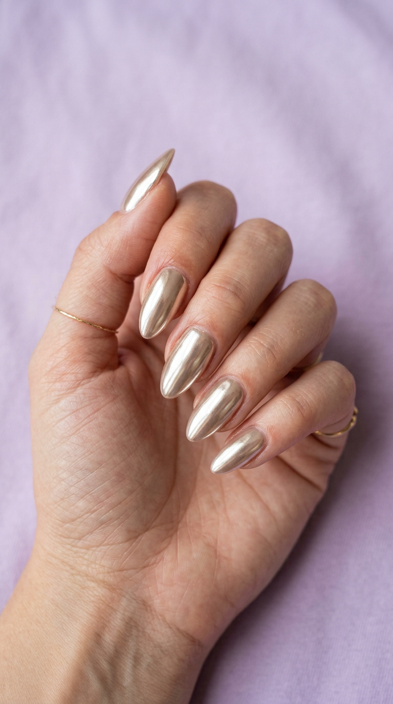 Champagne gold chrome acrylic nails in a long almond shape