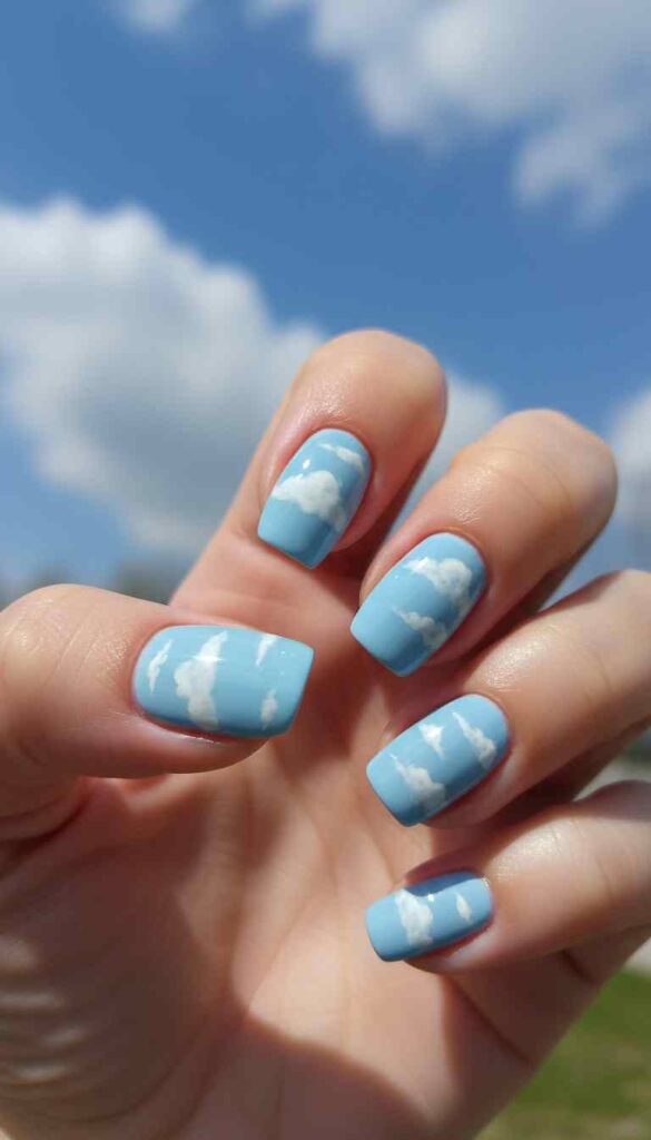 Baby blue nails with white cloud nail art