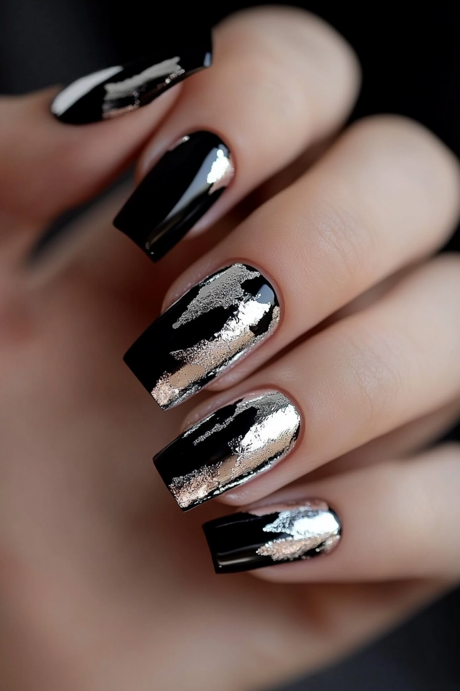 Black nails with silver foil flakes
