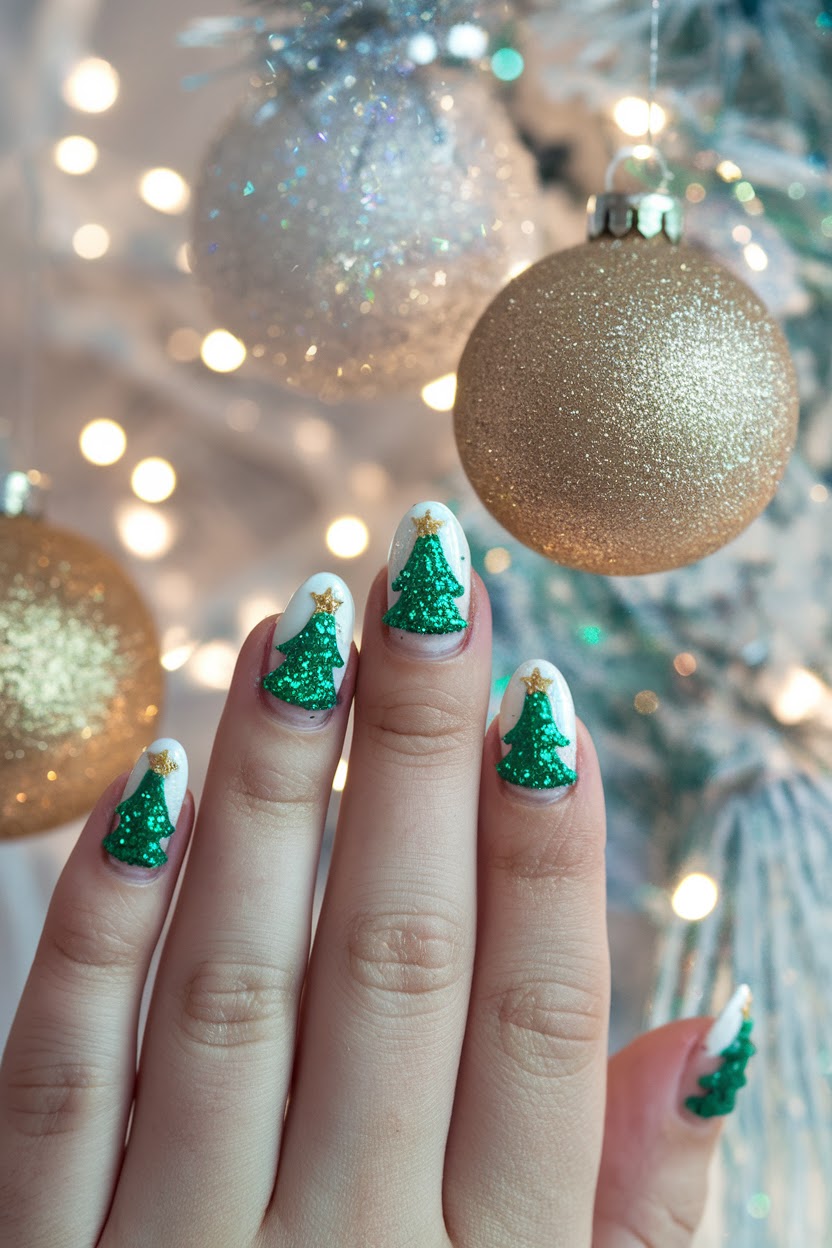 Green glitter Christmas tree nail art with gold star accents for kids