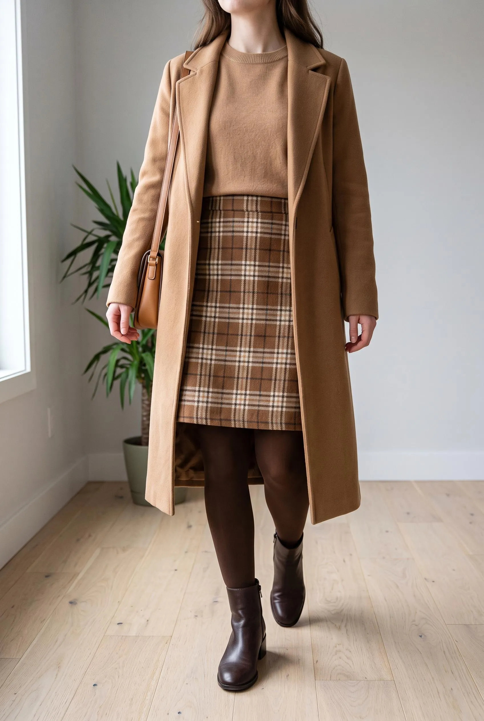 Camel coat and camel knit with a brown plaid skirt, brown tights and brown ankle boots
