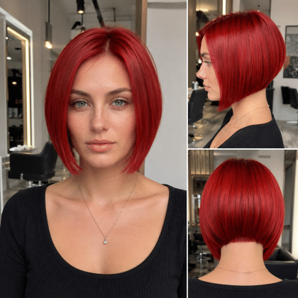 Chin-length blunt bob in vivid fire-engine red