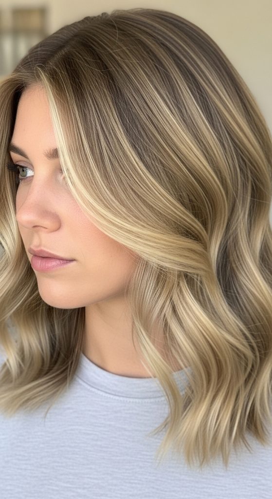 Wavy lob with honey blonde balayage melting from dark roots