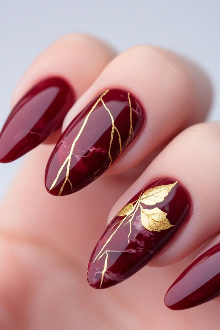 Burgundy marble nail design