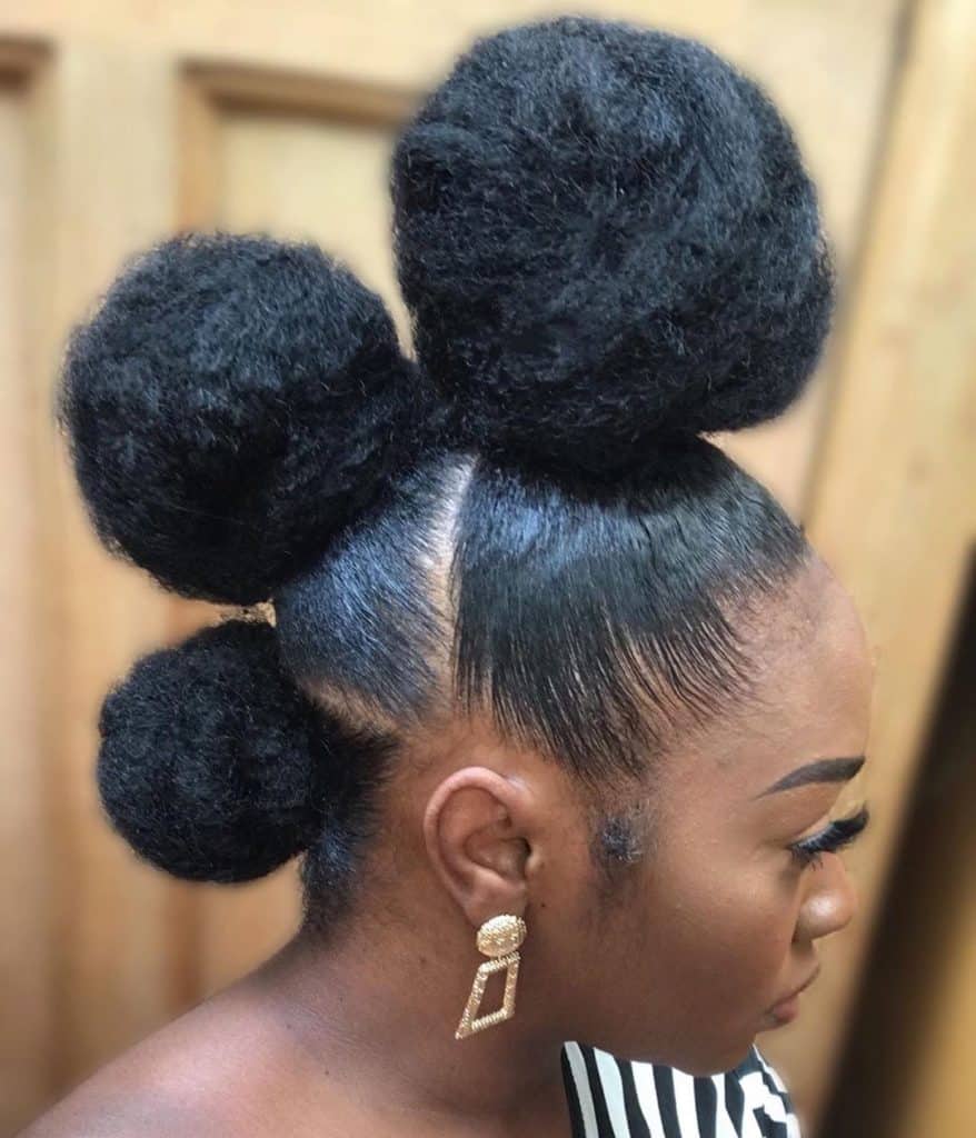 Three textured buns stacked front to back along the crown