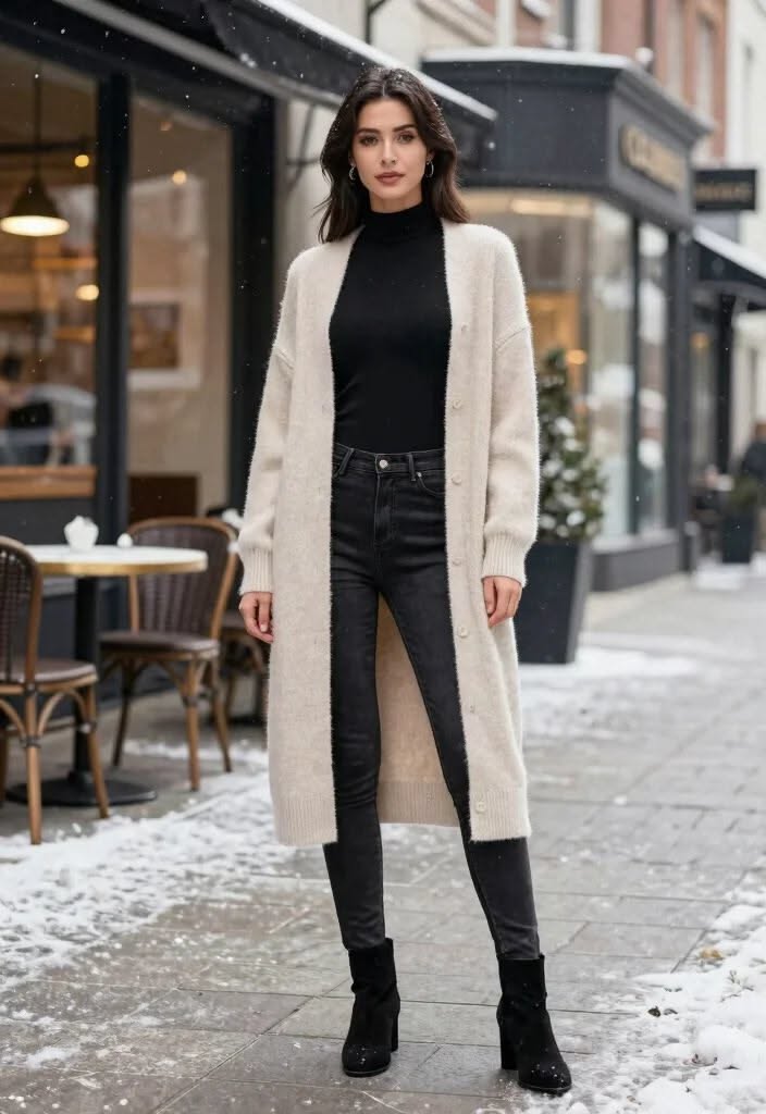 Woman in a cream long cardigan over a black turtleneck with black jeans and ankle boots on a snowy street