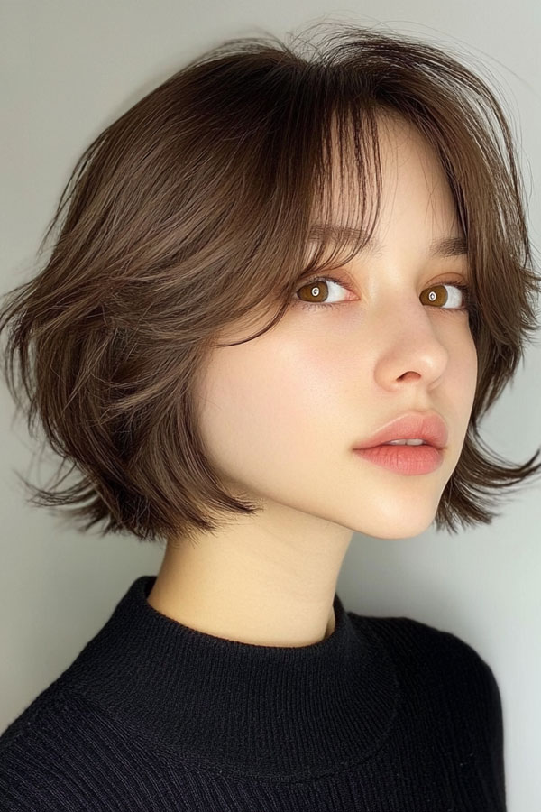 Chin-length dark brunette bob with wispy layered texture