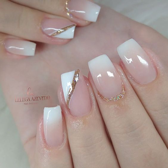 Nude to blush ombre nails with micro gold glitter