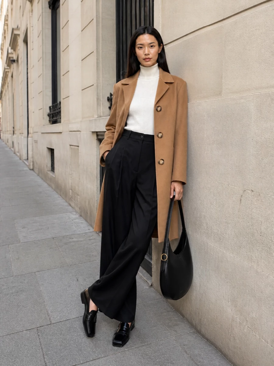 Woman in a camel coat, white turtleneck, black wide-leg trousers and black loafers leaning against a Paris building