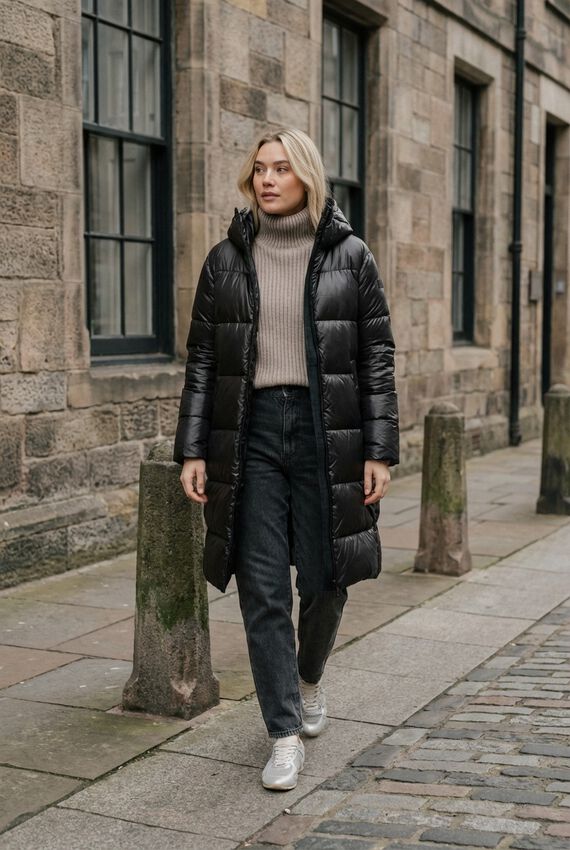 Woman wearing a black hooded long puffer coat with a beige turtleneck and dark jeans