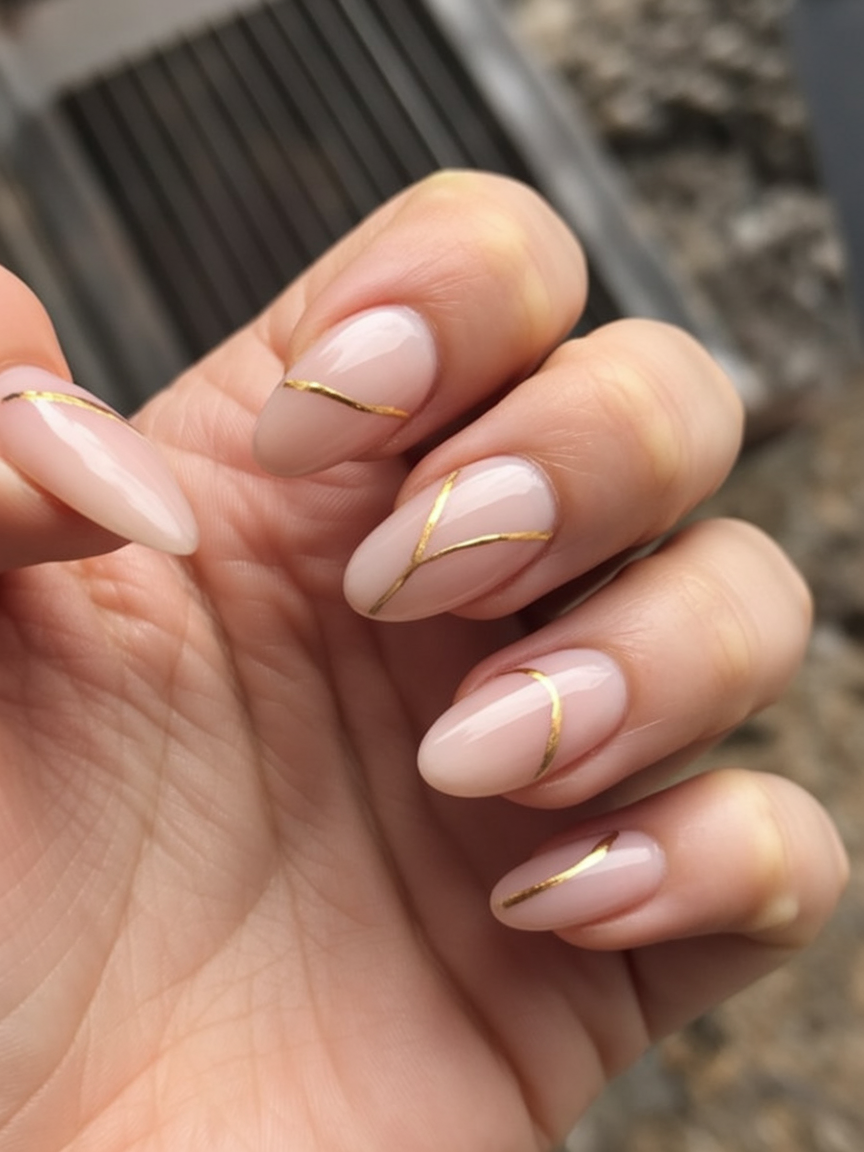 Sheer nude almond nails with minimal thin gold line art