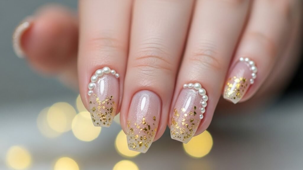 Milky pink coffin nails with gold foil flakes and pearl beads along the cuticles