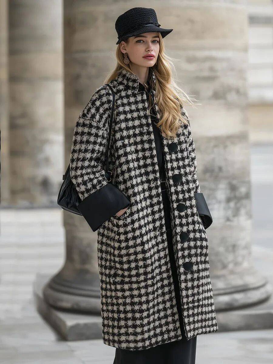 Woman in a black and white houndstooth coat with a black textured hat, black top and black shoulder bag