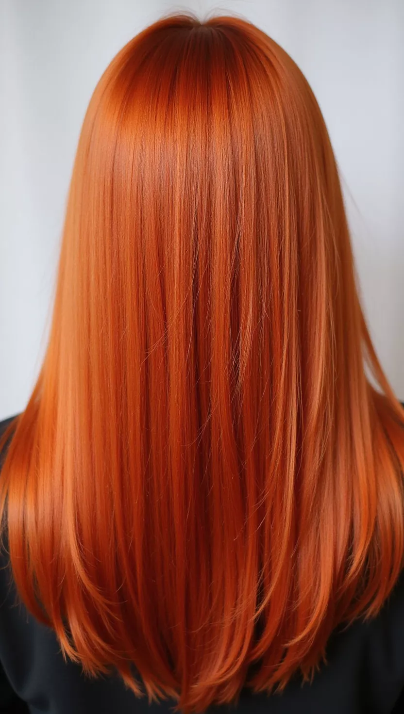 Long sleek straight bright copper hair, back view