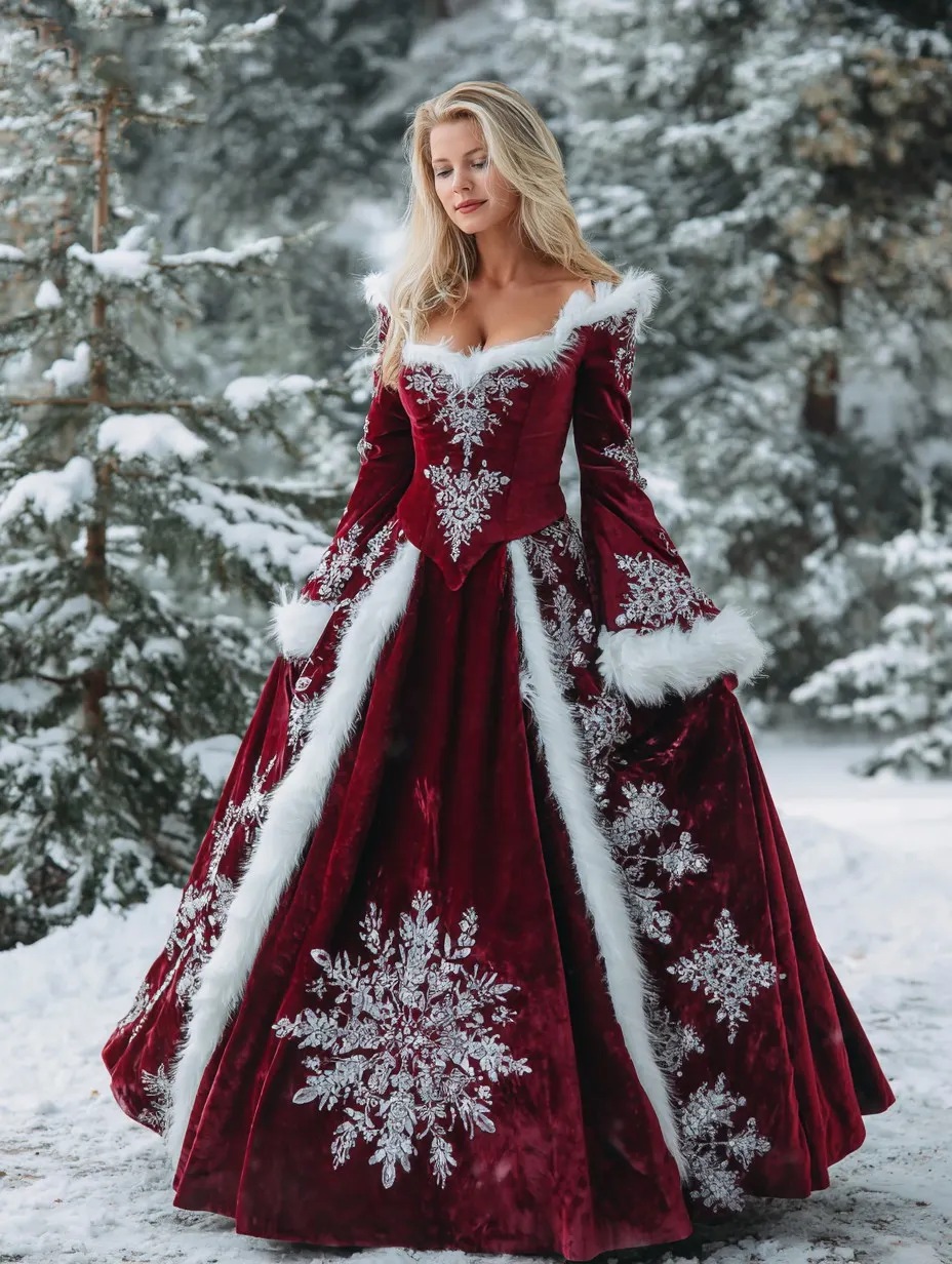Red embroidered velvet maxi dress for a Christmas formal event