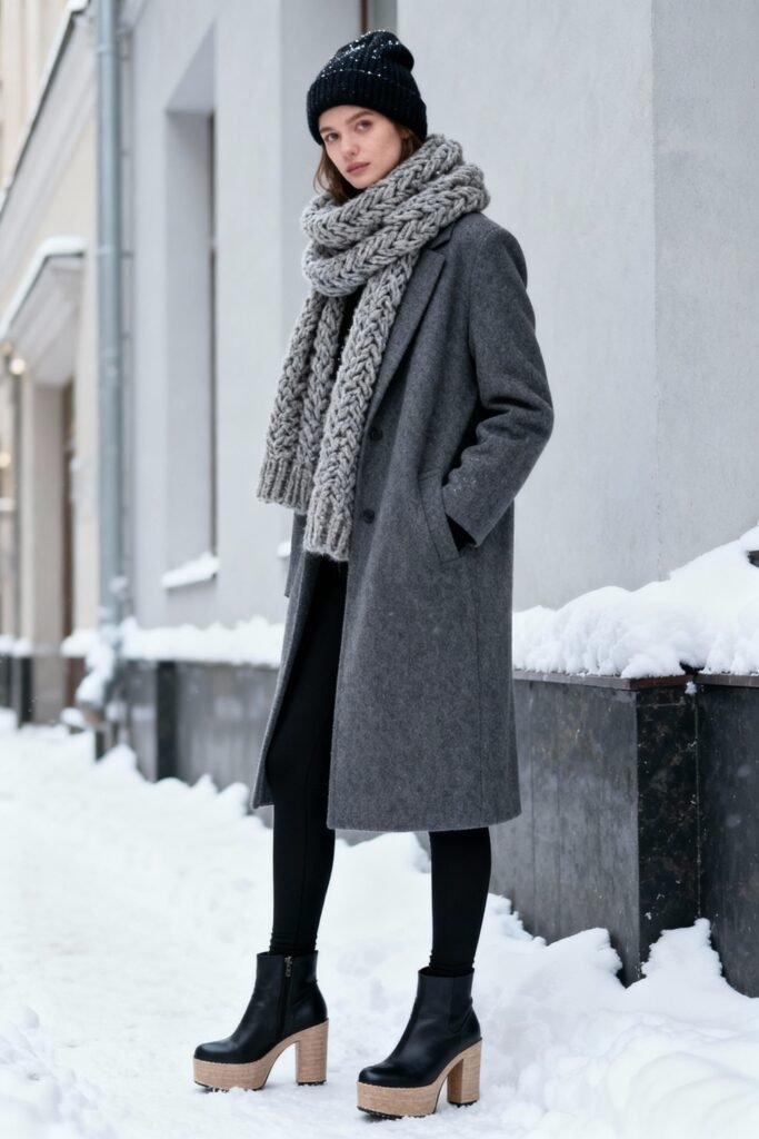Woman in a grey wool coat with a chunky grey knit scarf, black beanie and heeled ankle boots in the snow
