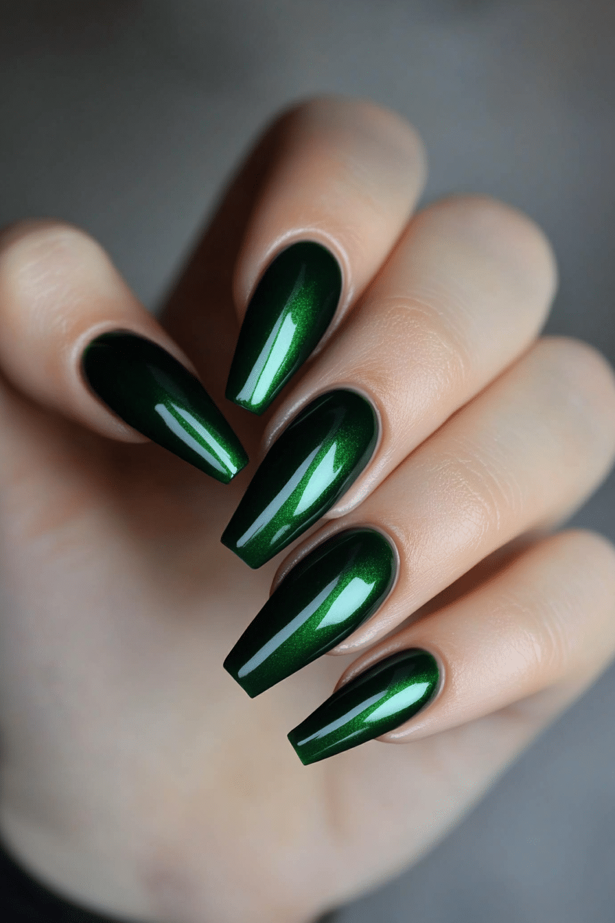 Deep emerald green glossy coffin nails
