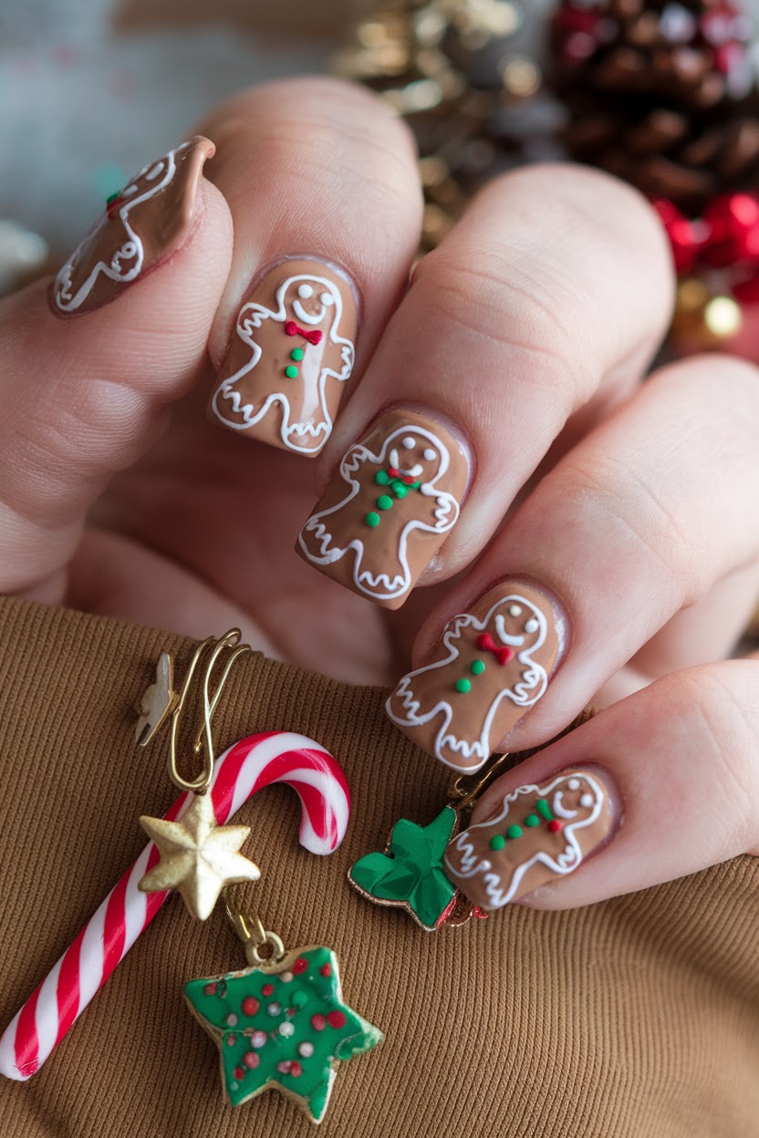 Gingerbread man face nail art on warm tan polish for kids