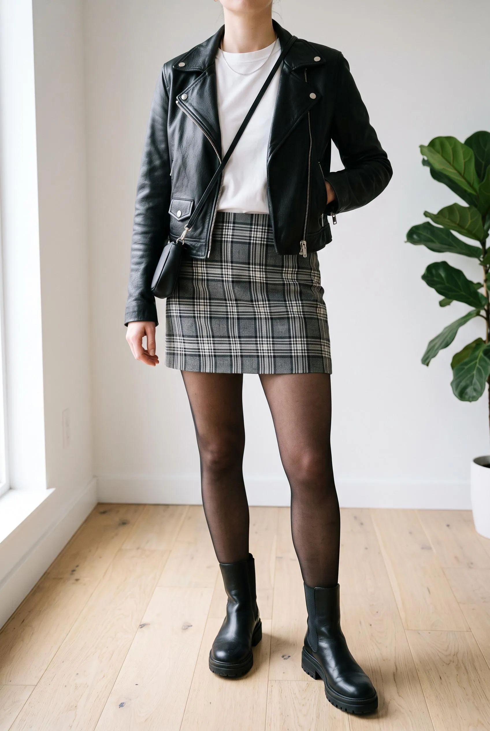Black leather biker jacket with a white tee, grey plaid mini skirt and lug-sole ankle boots
