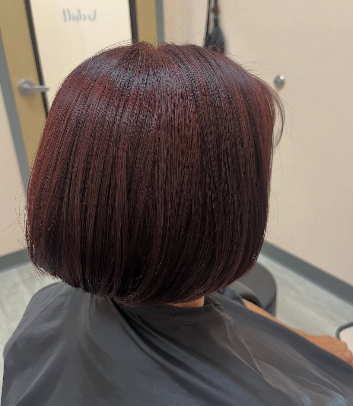Back view of a short mahogany bob with a glossy salon finish