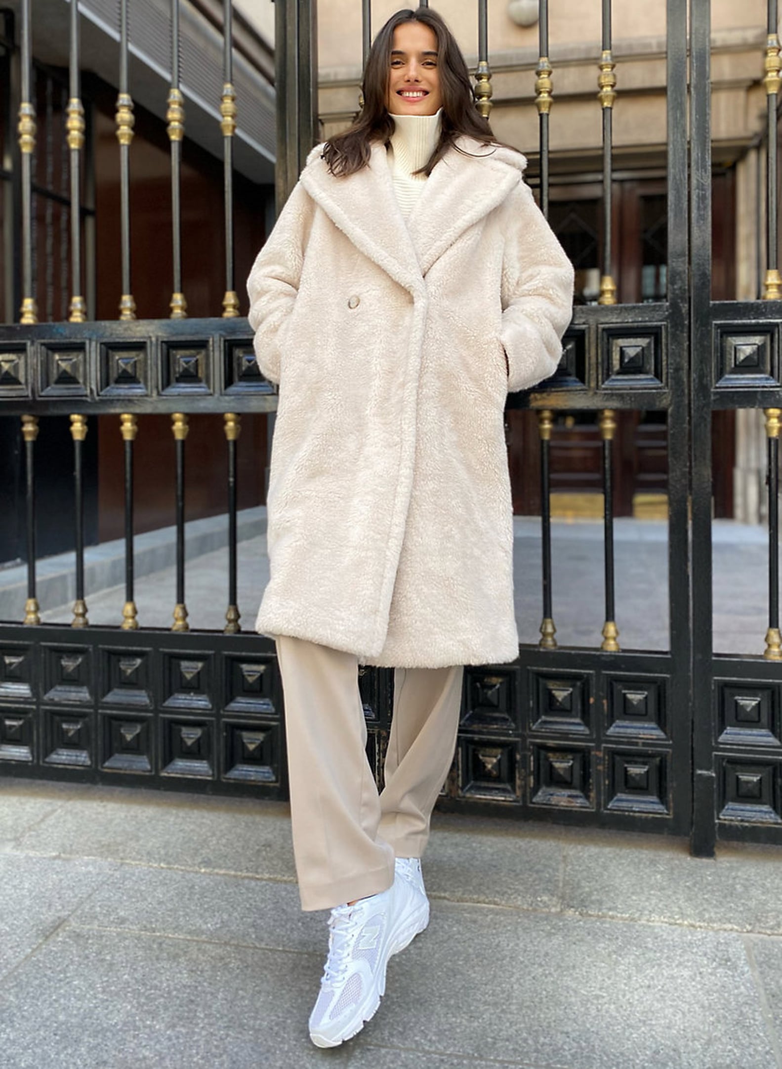 Cream teddy coat street style