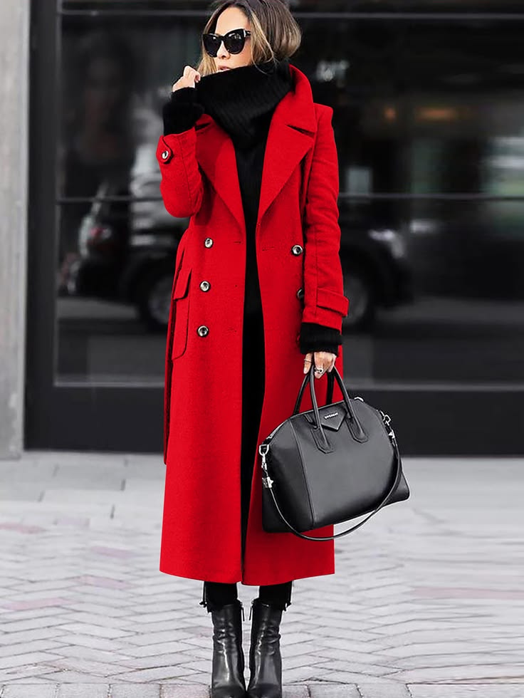 Woman in a red wool coat over a black turtleneck with black leggings and boots