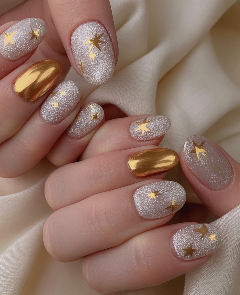 Silver glitter with gold star accents