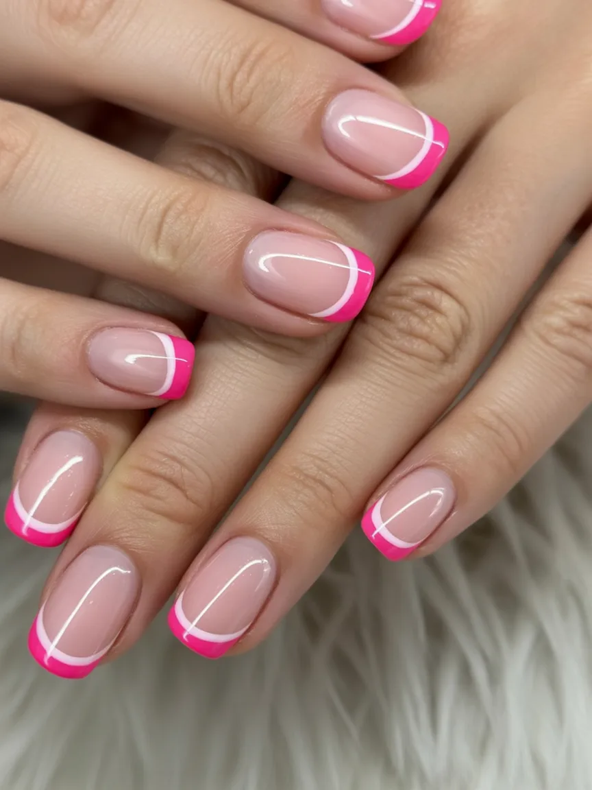 Pink nails with double French tip design