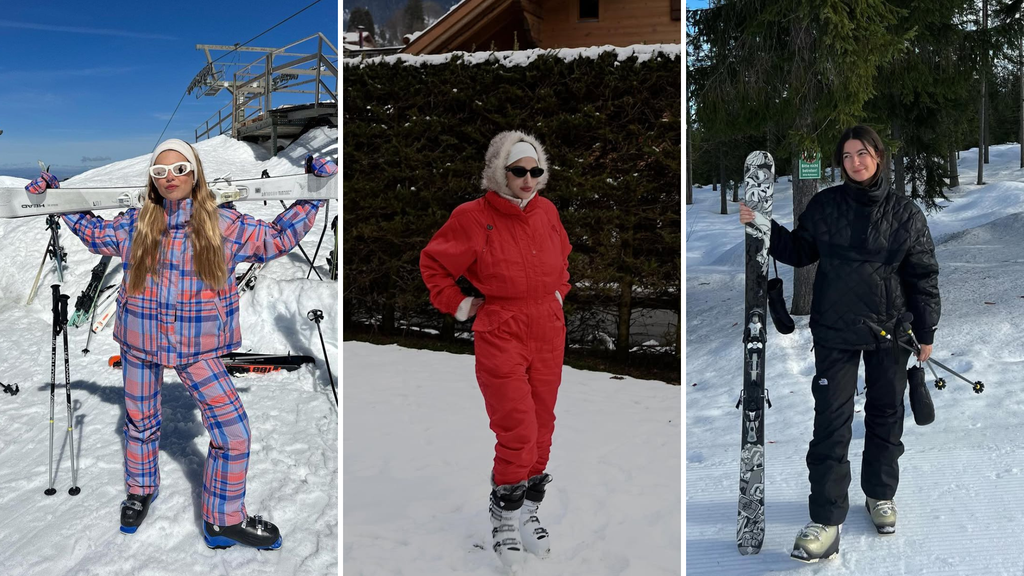 Three-panel image of women wearing ski suits: a pink and blue plaid suit, a red one-piece with fur hood, and a black quilted ski outfit