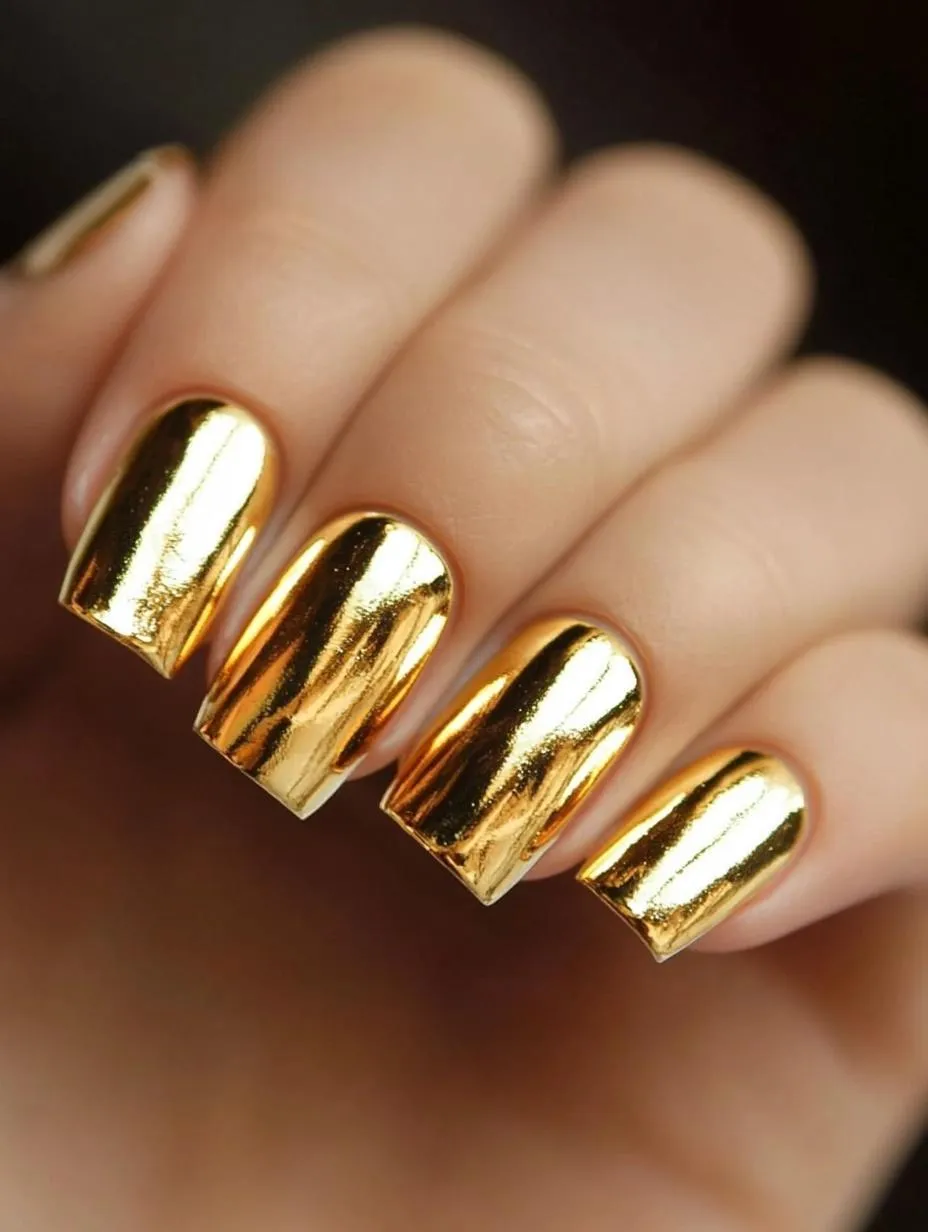 Short square gold chrome nails with a luminous metallic shine