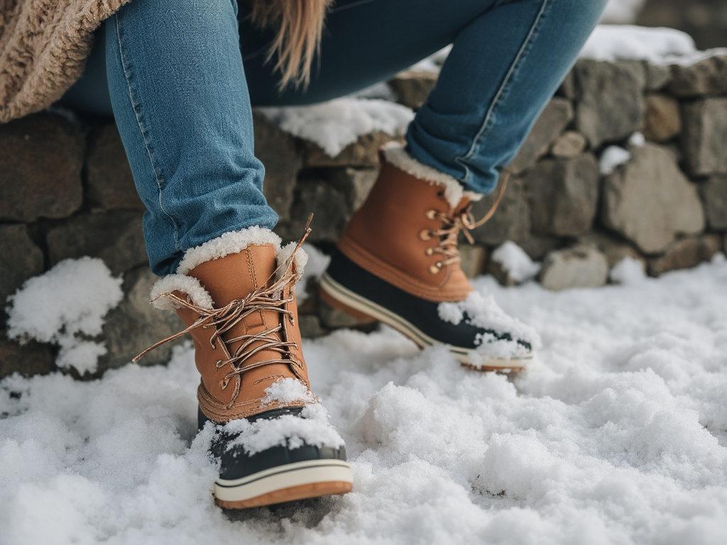 Close-up of tan lace-up duck boots worn with jeans in the snow