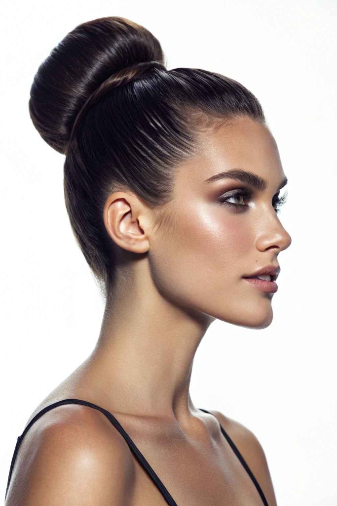 Dark brown hair smoothed into a sleek high top knot