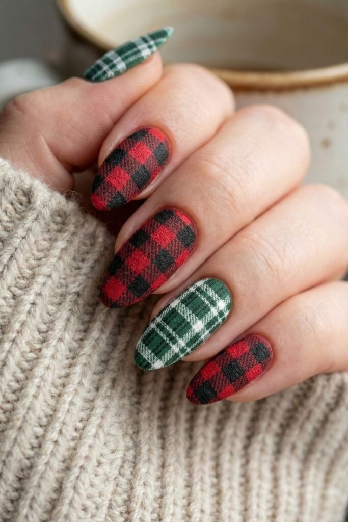 Red black and green buffalo plaid nails