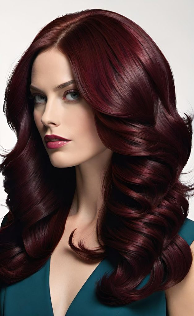 Long wavy dark cherry-mahogany red hair with glossy finish