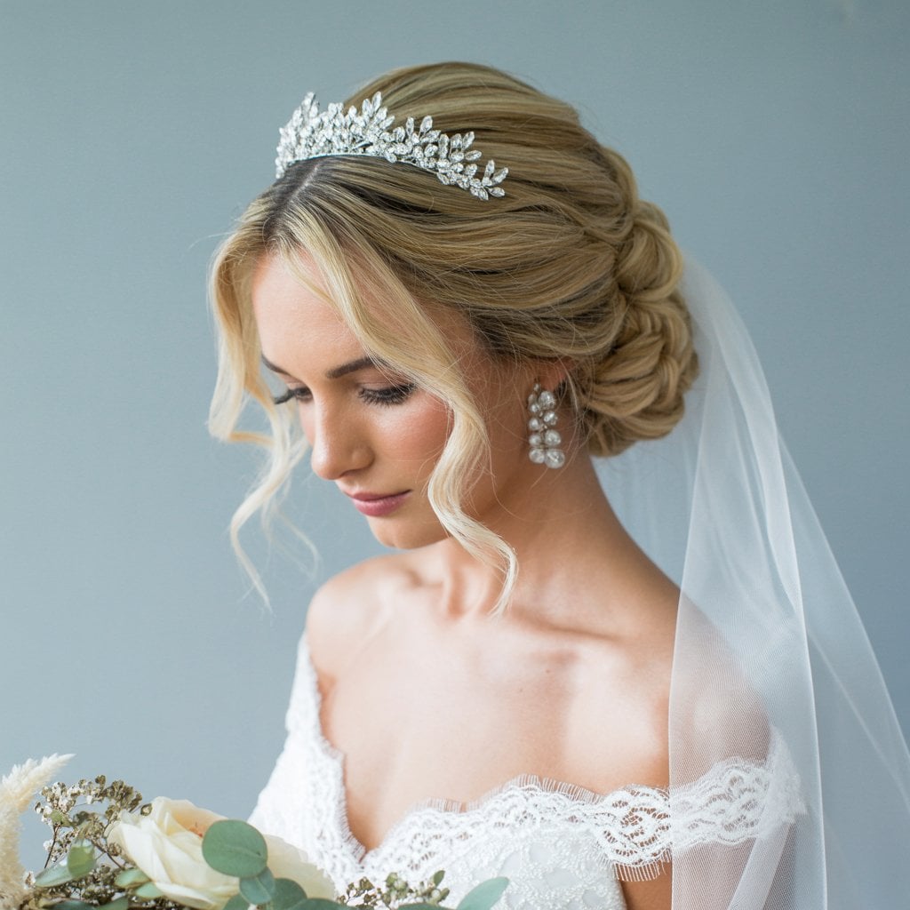 Blonde soft twisted bridal updo with a crystal tiara and veil