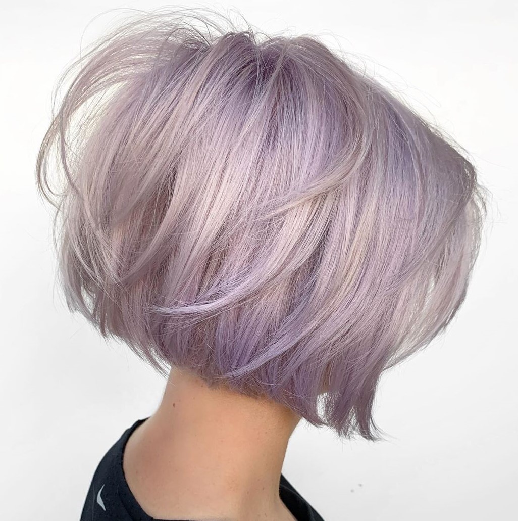 Silver-lavender blonde bob with choppy ends, back view