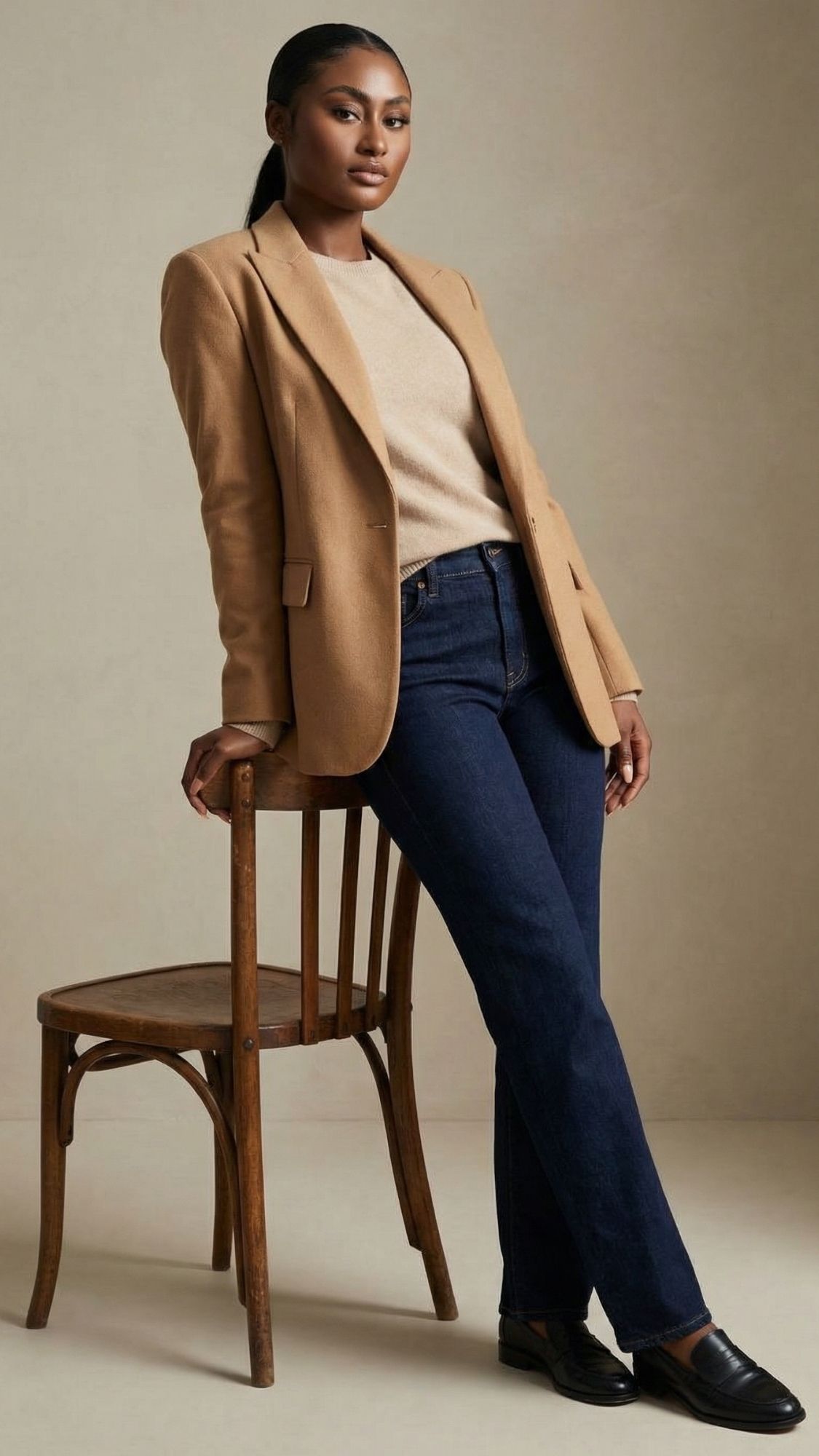 Woman wearing a camel wool blazer over a cream knit sweater with dark straight jeans and black loafers