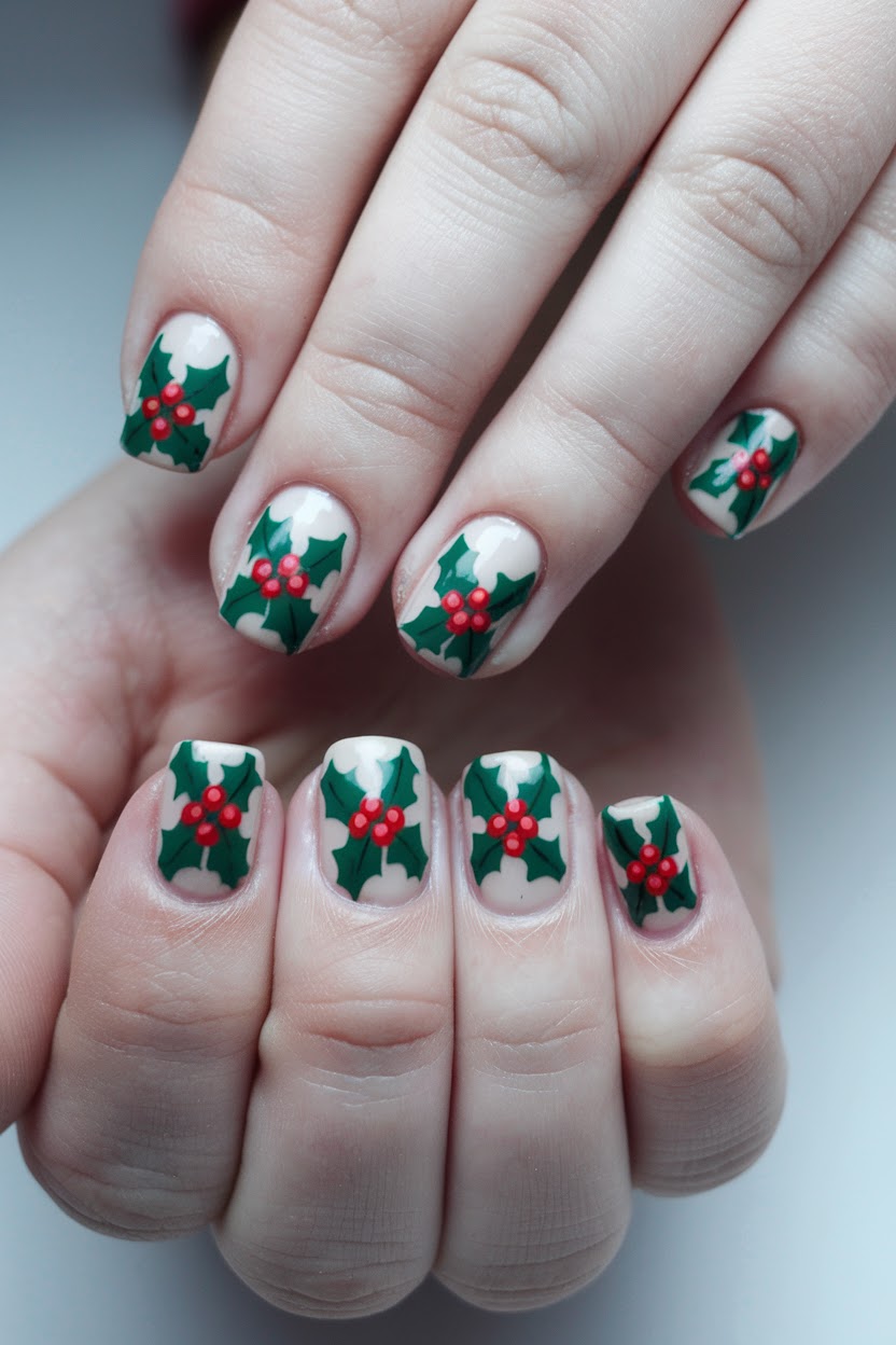 Holly leaf and red berry nail art on neutral kids nails