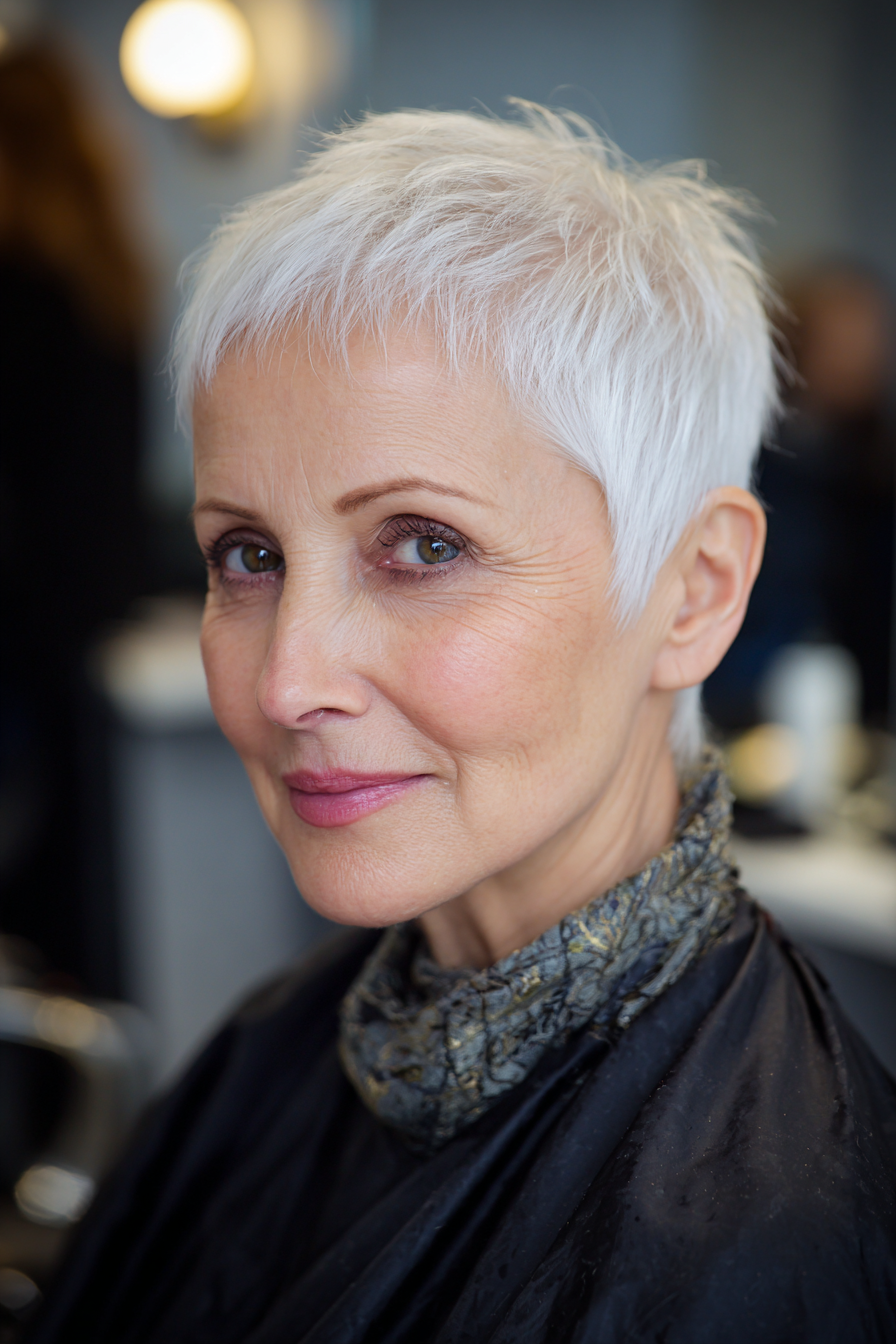 Older woman with a frosty white cropped pixie haircut